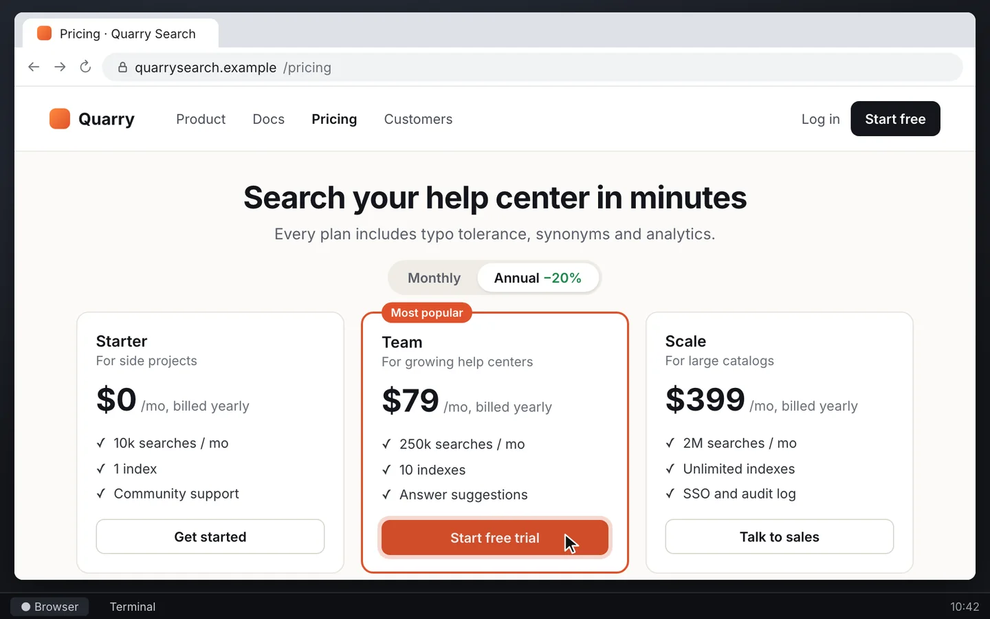 A worker's browser on an invented search vendor's pricing page, the cursor on the Team plan's Start free trial button.
