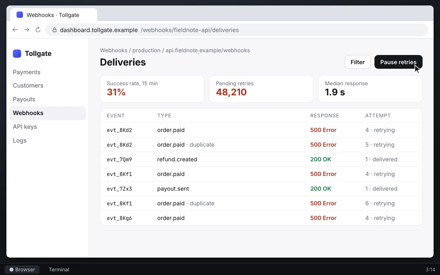 An invented payments provider's webhook dashboard: success rate 31%, 48,210 pending retries, duplicate order.paid events answered with 500 errors.