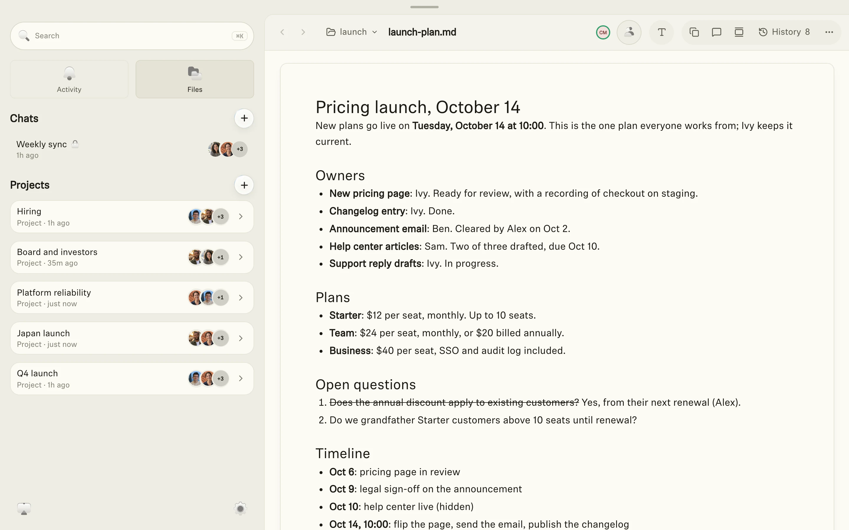 The launch plan open in Ivy's file viewer: owners and status for each piece of the launch, the new prices, open questions with their answers, and the timeline, with History showing eight versions.