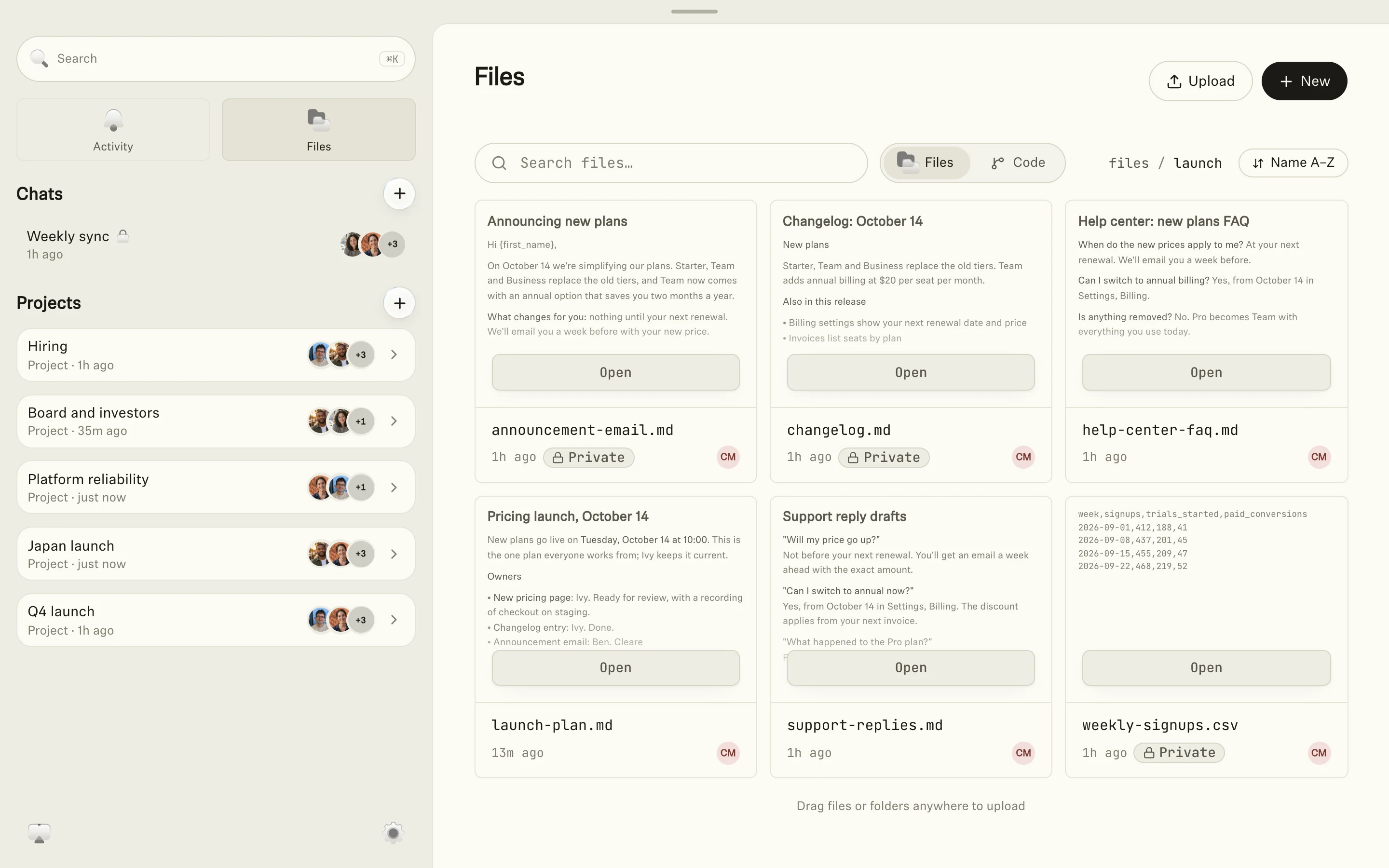 The Ivy Files page inside the launch folder: tiles with live previews of the announcement email, changelog, help center FAQ, launch plan, support replies and a CSV of weekly signups, each with who edited it last.