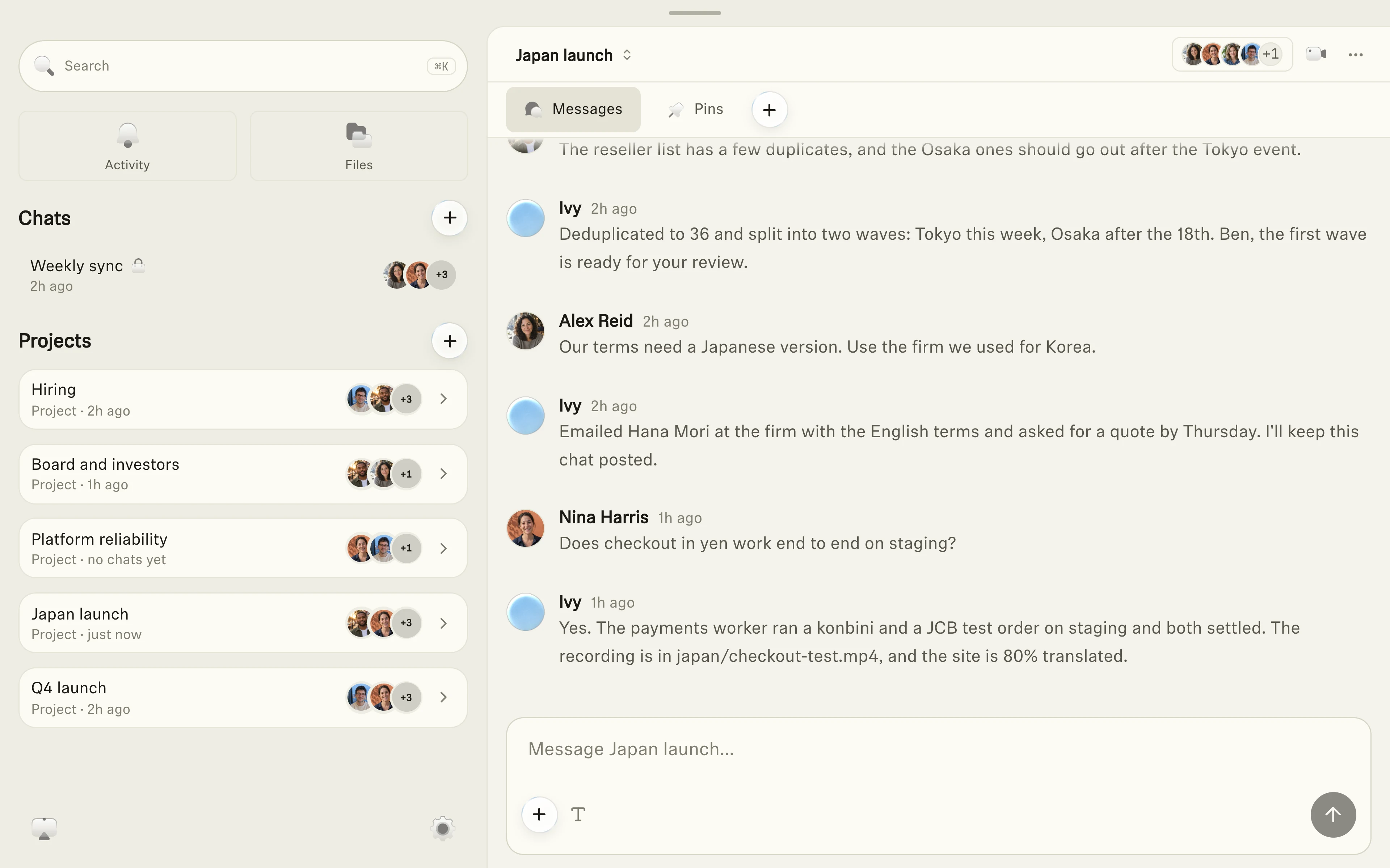 The Ivy app: the Japan launch chat, where Claire asks Ivy to run the November 3 launch, Ivy reports three workers localizing the site, testing payments and drafting reseller outreach, and teammates follow up; the sidebar lists projects for Hiring, Board and investors, Platform reliability, Japan launch and Q4 launch.